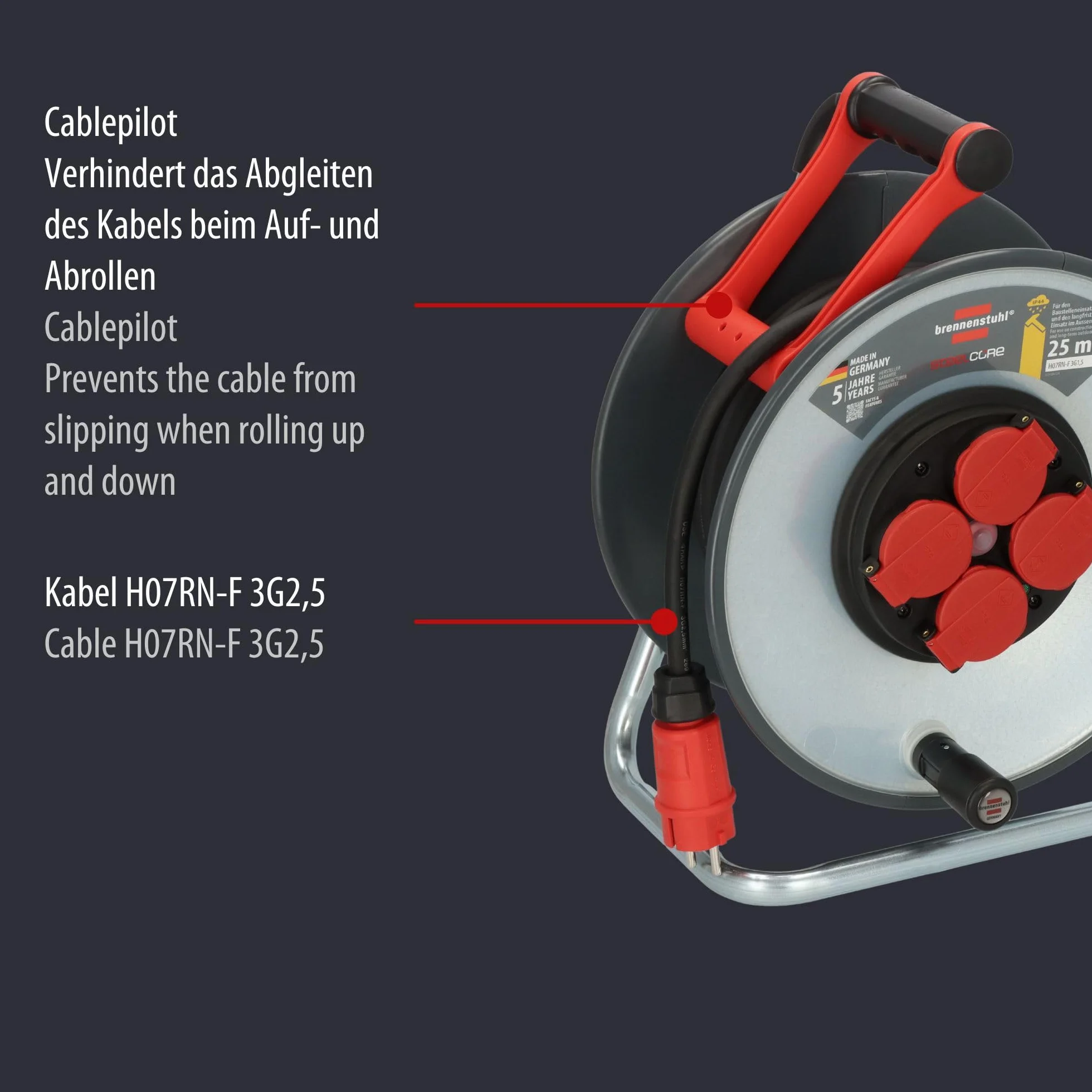 Brennenstuhl Professional SteelCore Enrouleur de câble SC 2200 IP44, 25 m H07RN-F 3G2,5, Corps de tambour en tôle d'acier, utilisation de chantier et utilisation extérieure permanente, fabriqué en