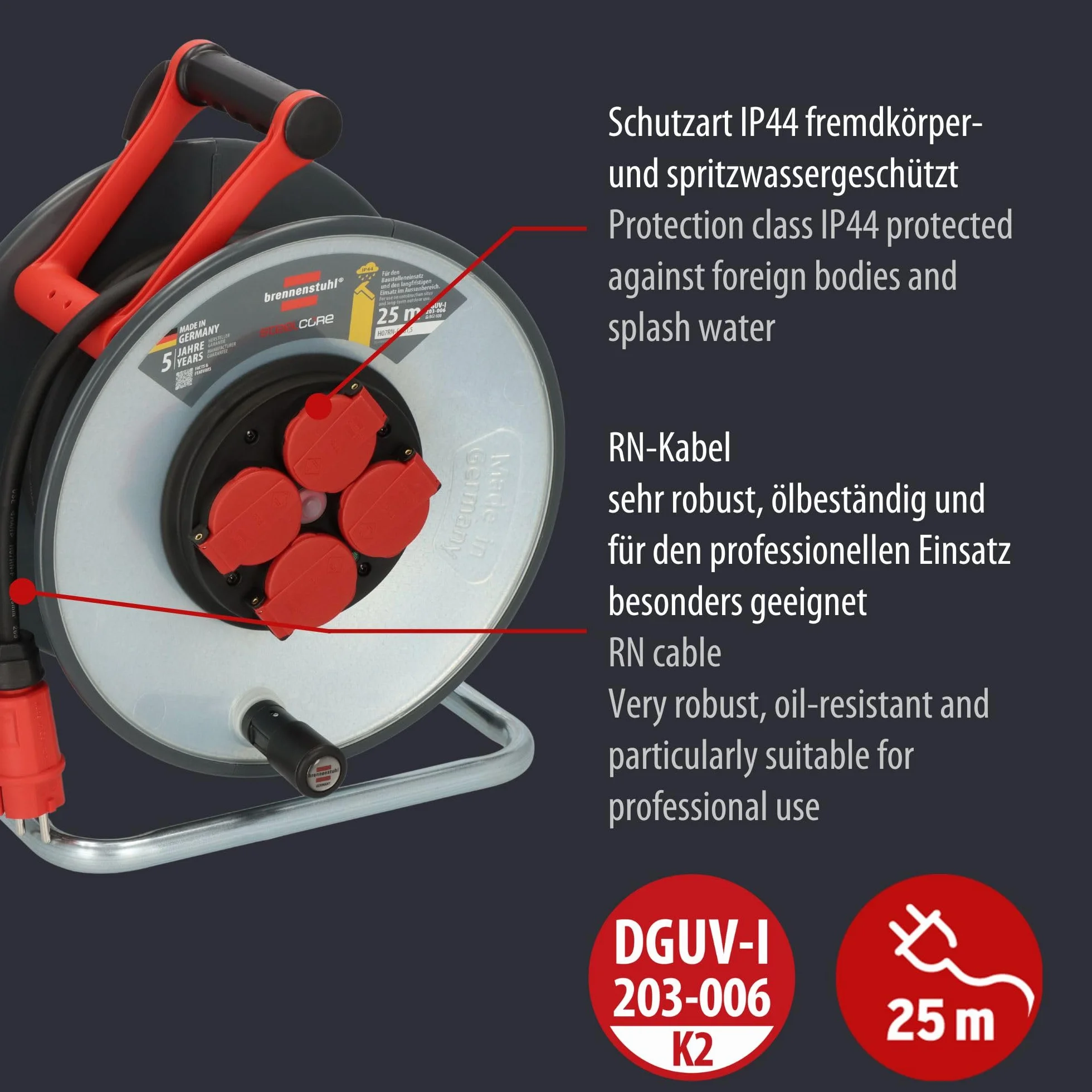 Brennenstuhl Professional SteelCore Enrouleur de câble SC 2200 IP44, 25 m H07RN-F 3G2,5, Corps de tambour en tôle d'acier, utilisation de chantier et utilisation extérieure permanente, fabriqué en