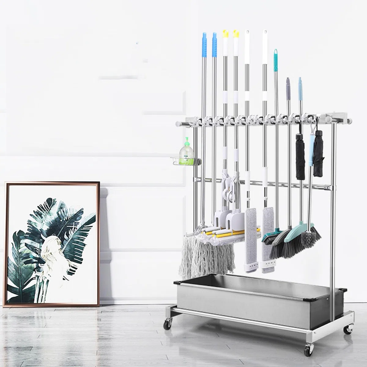 Armoire de rangement amovible – Chariot à outils avec crochets pour outils à long manche, râteaux et balais – Porte-outils en métal