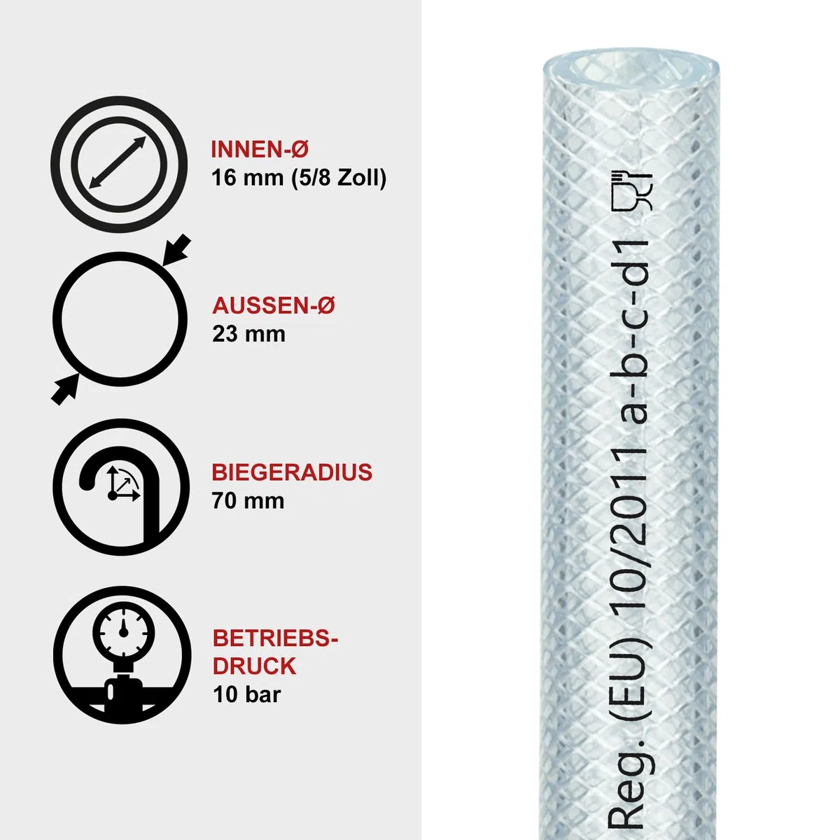 FLEXTUBE TX Ø 16mm x 3,5mm (5/8"), 50m de long, Qualité alimentaire, tuyau en PVC pour air comprimé, résistant à l'air, à l'eau, aux huiles conditionnelles et aux produits chimiques