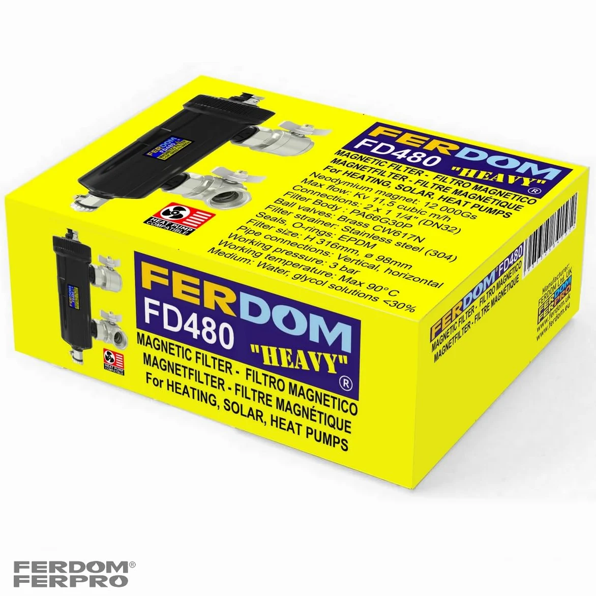 FERDOM FD480 HEAVY 5/4" DN32 Filtre Magnétique avec Séparateur pour Chauffage Central, Pompes à Chaleur etc. Aimant 12000Gs. Filtrage 3000μm & 700μm. Pour les Installations de 70 kW max. 2 Vannes 5/4"
