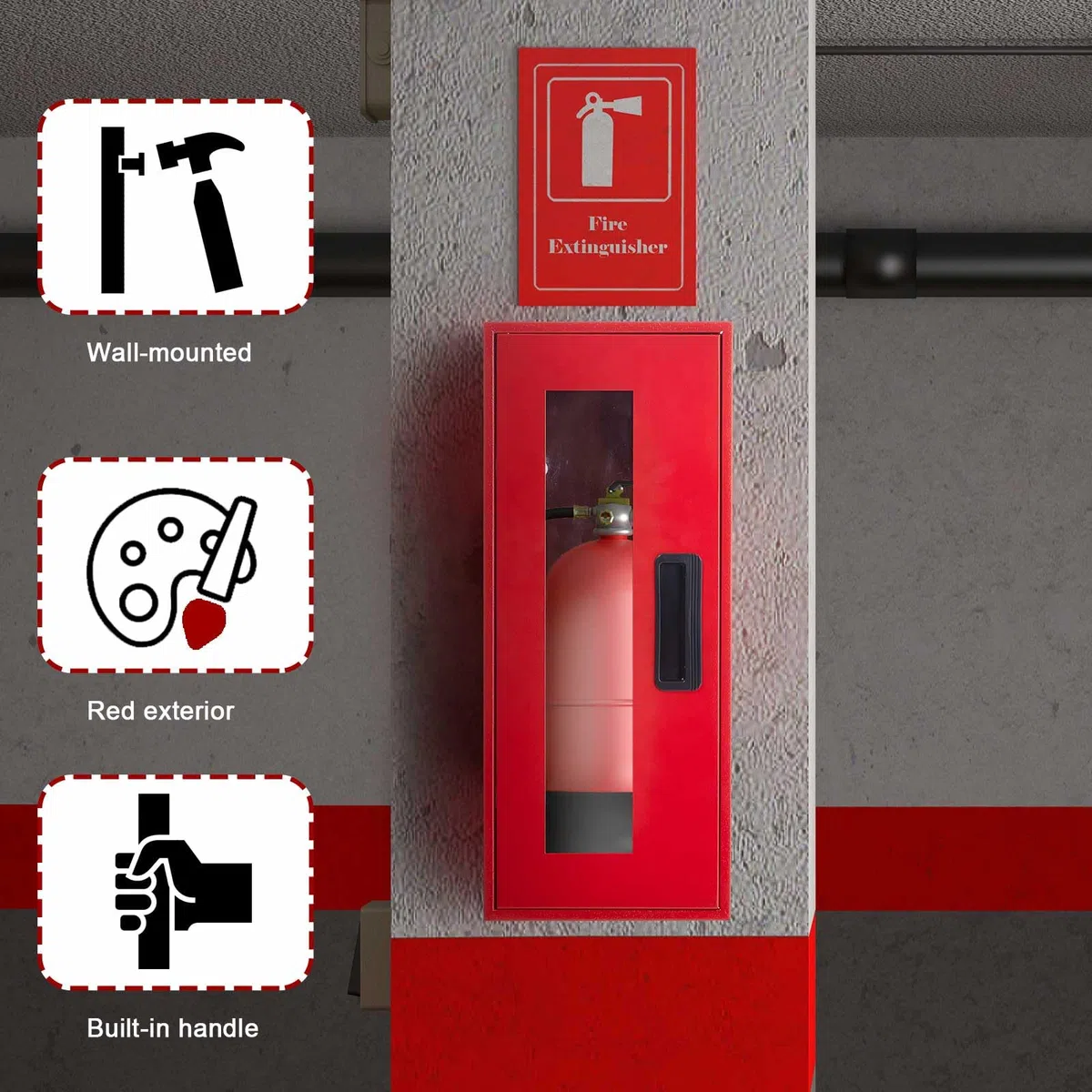 Zonon 1 extincteur de 2,3 kg – Montage mural et en surface – 48 x 20,1 x 17 cm (H x l x P) – Boîte d'extincteur en acier rouge avec poignée pour intérieur et extérieur