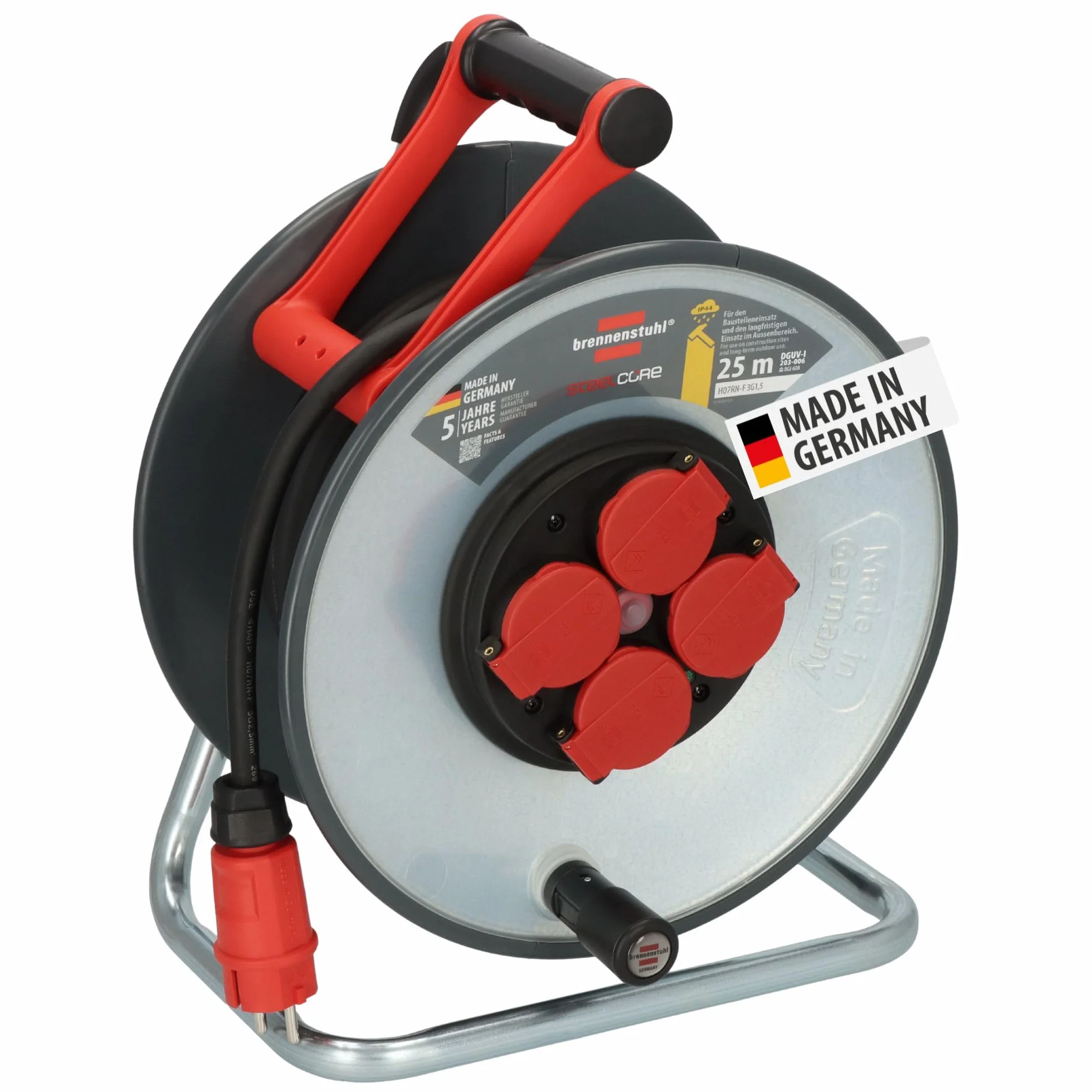 Brennenstuhl Professional SteelCore Enrouleur de câble SC 2200 IP44, 25 m H07RN-F 3G2,5, Corps de tambour en tôle d'acier, utilisation de chantier et utilisation extérieure permanente, fabriqué en