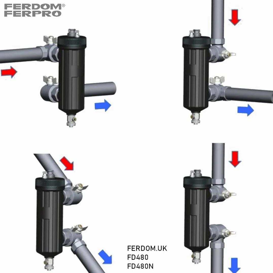 FERDOM FD480 HEAVY 5/4" DN32 Filtre Magnétique avec Séparateur pour Chauffage Central, Pompes à Chaleur etc. Aimant 12000Gs. Filtrage 3000μm & 700μm. Pour les Installations de 70 kW max. 2 Vannes 5/4"