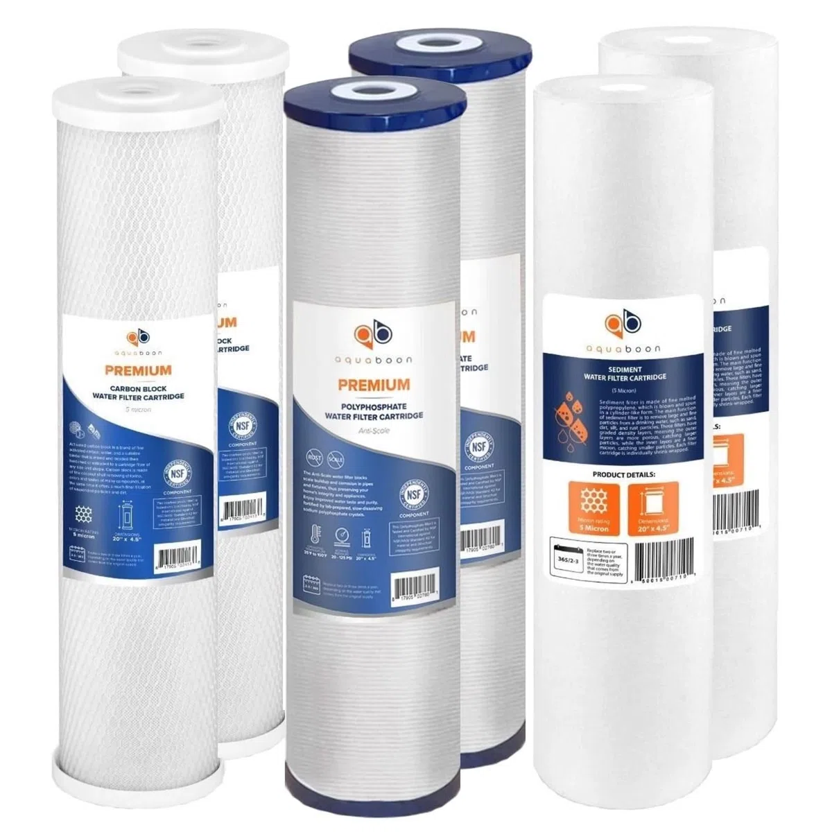 Aquaboon Lot de 2 cartouches de filtre à eau au carbone anti-calcaire 5 microns 20 x 4,5 pour système de filtration d'eau à 3 étapes pour toute la maison