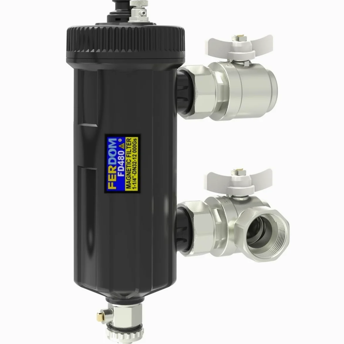 FERDOM FD480 HEAVY 5/4" DN32 Filtre Magnétique avec Séparateur pour Chauffage Central, Pompes à Chaleur etc. Aimant 12000Gs. Filtrage 3000μm & 700μm. Pour les Installations de 70 kW max. 2 Vannes 5/4"