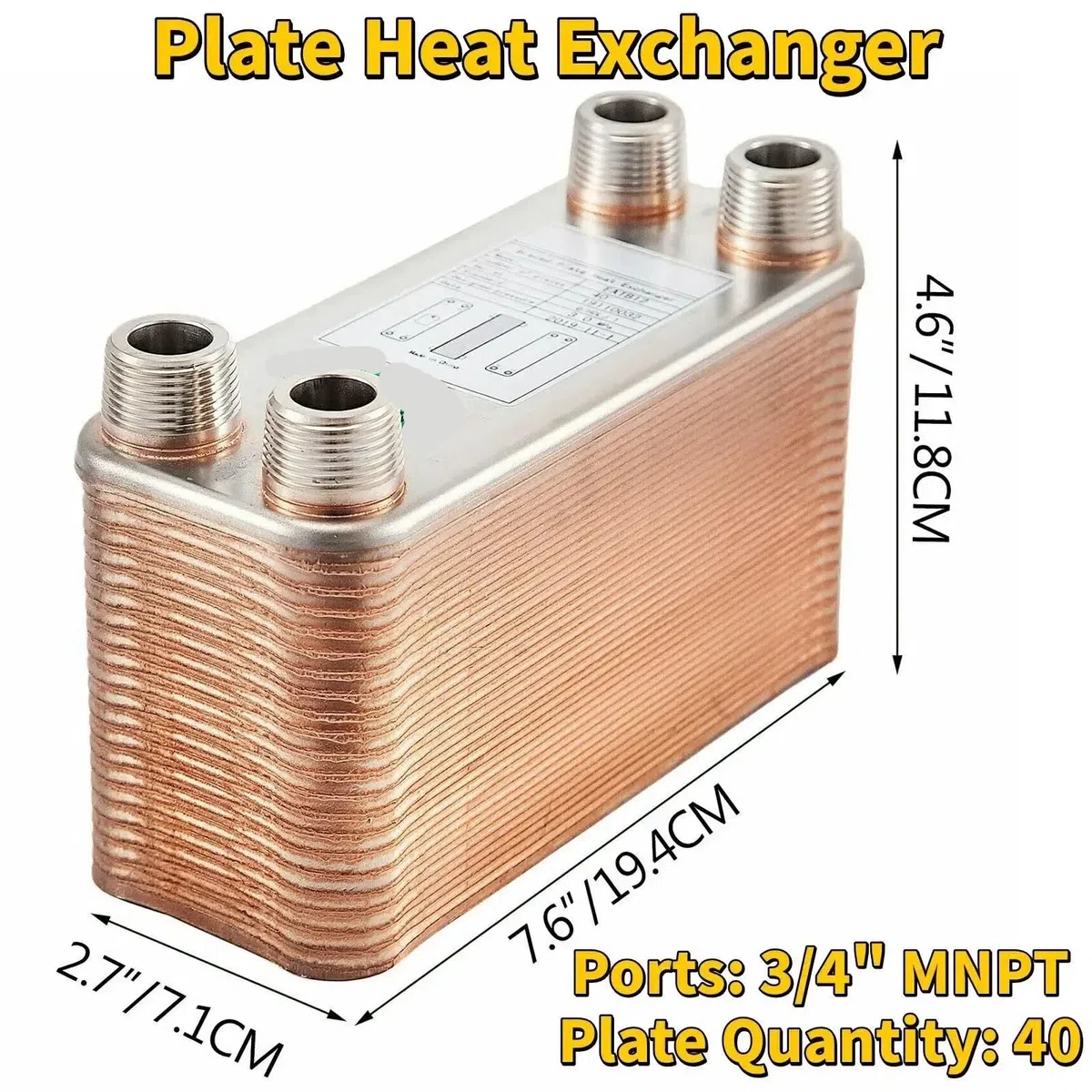 NURII Échangeur de Chaleur à plaques 30 40 60, Refroidisseur, Refroidisseur en Acier Inoxydable, Chauffage de l'eau du Refroidisseur à Contre-Courant(40 Plates)