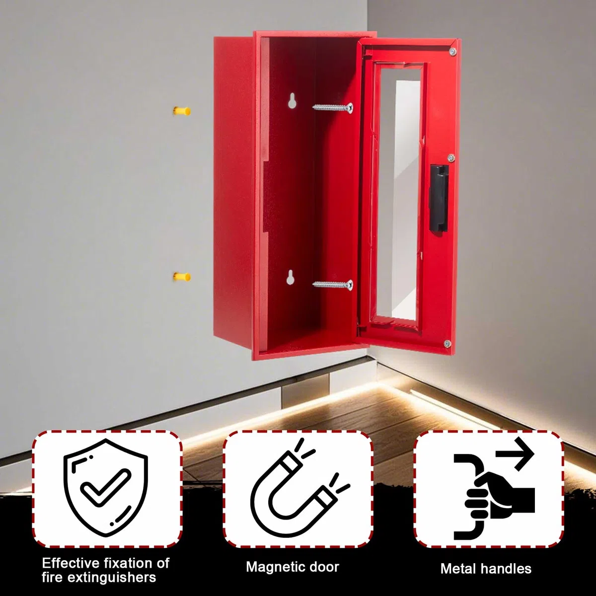 Zonon 1 extincteur de 2,3 kg – Montage mural et en surface – 48 x 20,1 x 17 cm (H x l x P) – Boîte d'extincteur en acier rouge avec poignée pour intérieur et extérieur