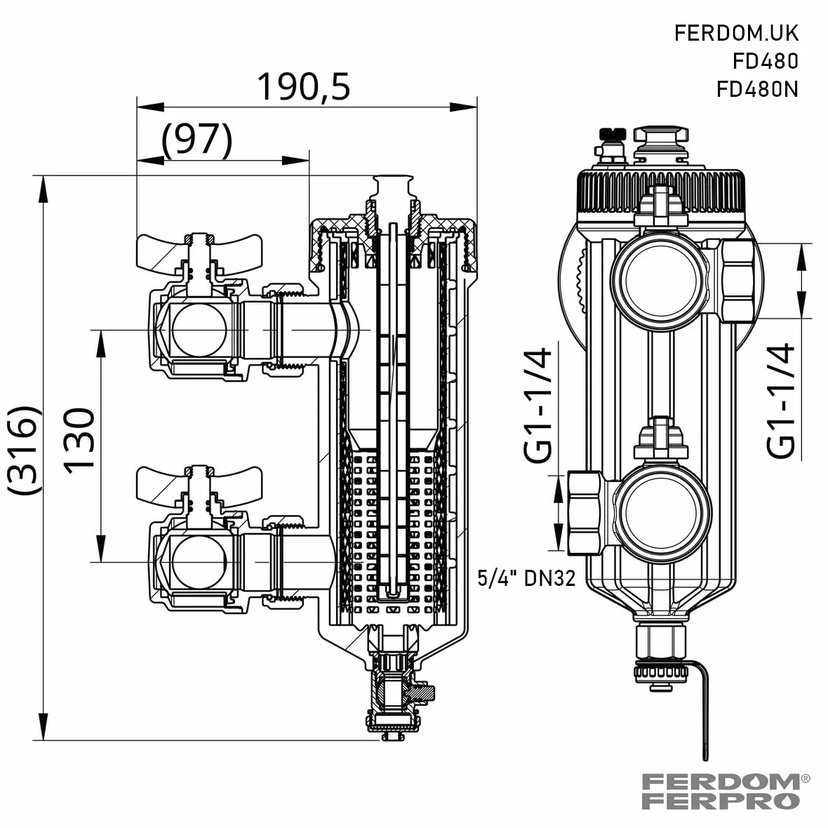 FERDOM FD480 HEAVY 5/4" DN32 Filtre Magnétique avec Séparateur pour Chauffage Central, Pompes à Chaleur etc. Aimant 12000Gs. Filtrage 3000μm & 700μm. Pour les Installations de 70 kW max. 2 Vannes 5/4"