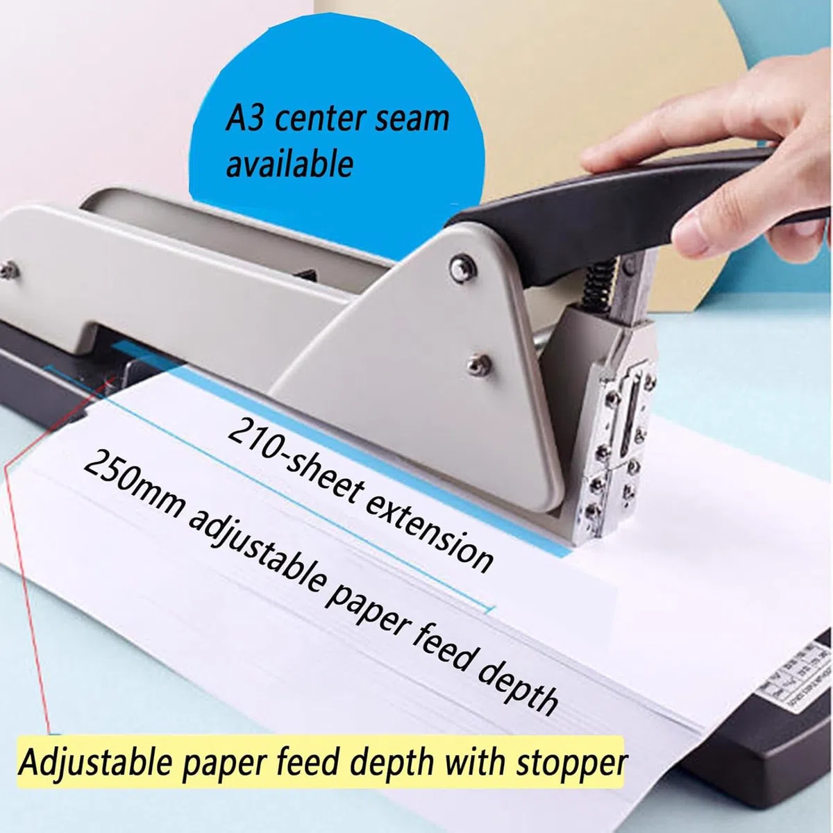Agrafeuse robuste à bras long, capacité de 210 feuilles, profondeur d'agrafage réglable de 25 cm, reliure robuste, pour brochures, brochures