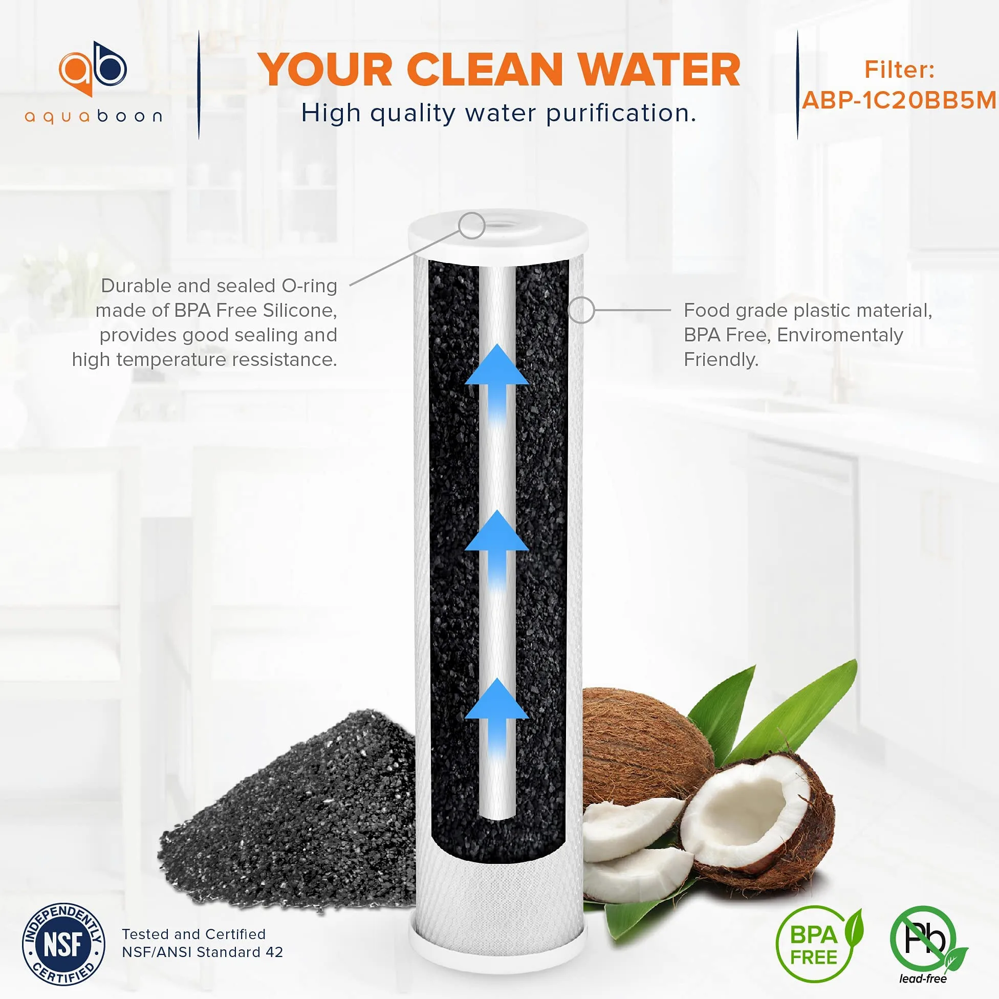 Aquaboon Lot de 2 cartouches de filtre à eau au carbone anti-calcaire 5 microns 20 x 4,5 pour système de filtration d'eau à 3 étapes pour toute la maison