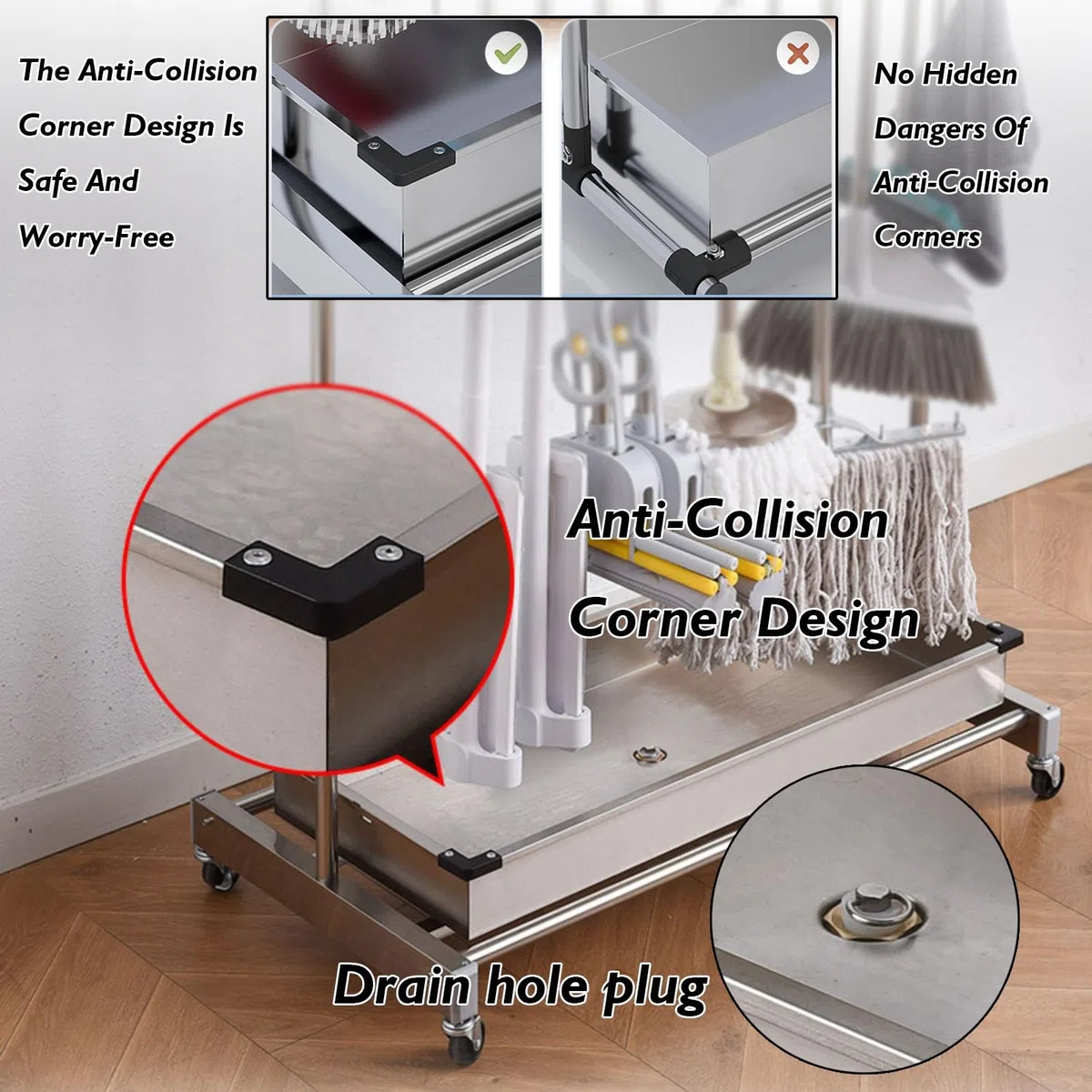 Armoire de rangement amovible – Chariot à outils avec crochets pour outils à long manche, râteaux et balais – Porte-outils en métal