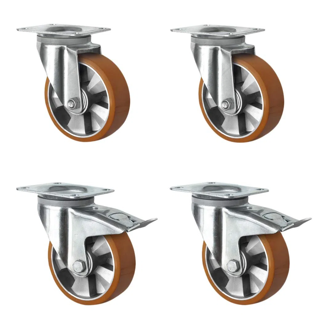 SETSHTH200BAU5D0N Lot de 4 roulettes pivotantes, 2 avec blocage, jante en aluminium, polyuréthane, diamètre 200 mm, charge lourde, double roulement à billes, charge maximale 1800 kg