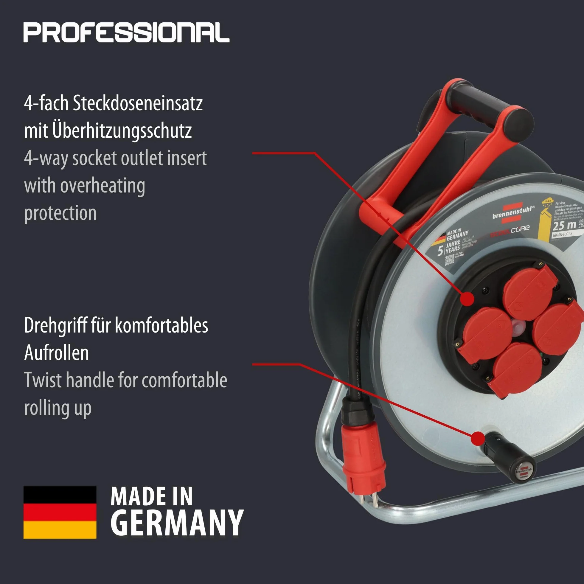 Brennenstuhl Professional SteelCore Enrouleur de câble SC 2200 IP44, 25 m H07RN-F 3G2,5, Corps de tambour en tôle d'acier, utilisation de chantier et utilisation extérieure permanente, fabriqué en