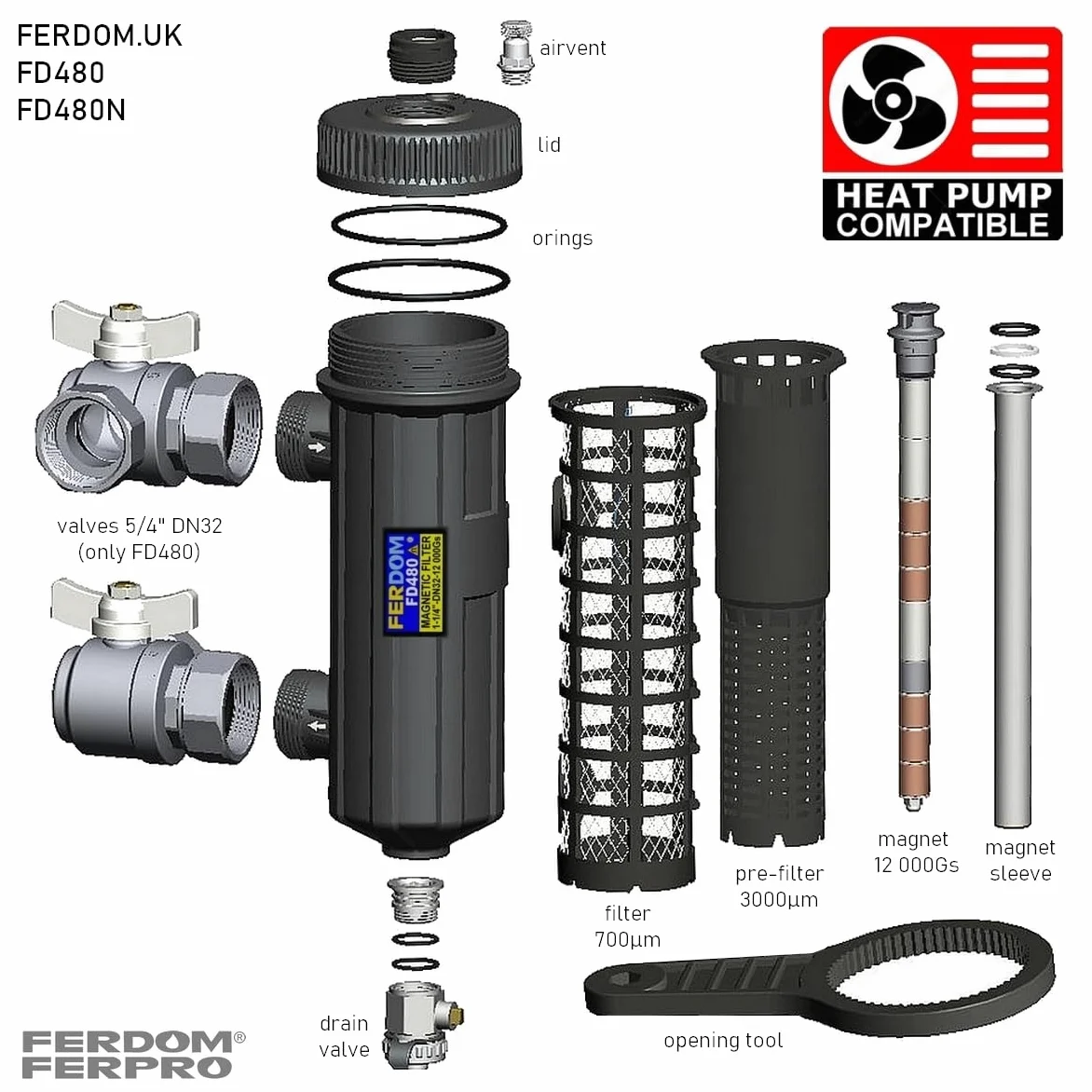 FERDOM FD480 HEAVY 5/4" DN32 Filtre Magnétique avec Séparateur pour Chauffage Central, Pompes à Chaleur etc. Aimant 12000Gs. Filtrage 3000μm & 700μm. Pour les Installations de 70 kW max. 2 Vannes 5/4"