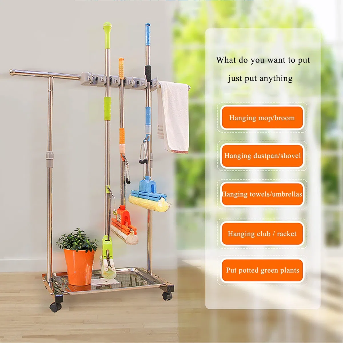 Support Utilitaire pour vadrouilles et balais, Support de Balai Mobile pour vadrouilles humides, Porte-Outils de Nettoyage au Sol en Acier Inoxydable pour écoles, hôpitaux, usines, hôtels, restauran